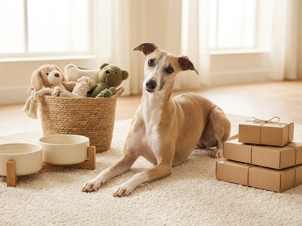 Everyday essentials β whippet with toys, bowls and treats