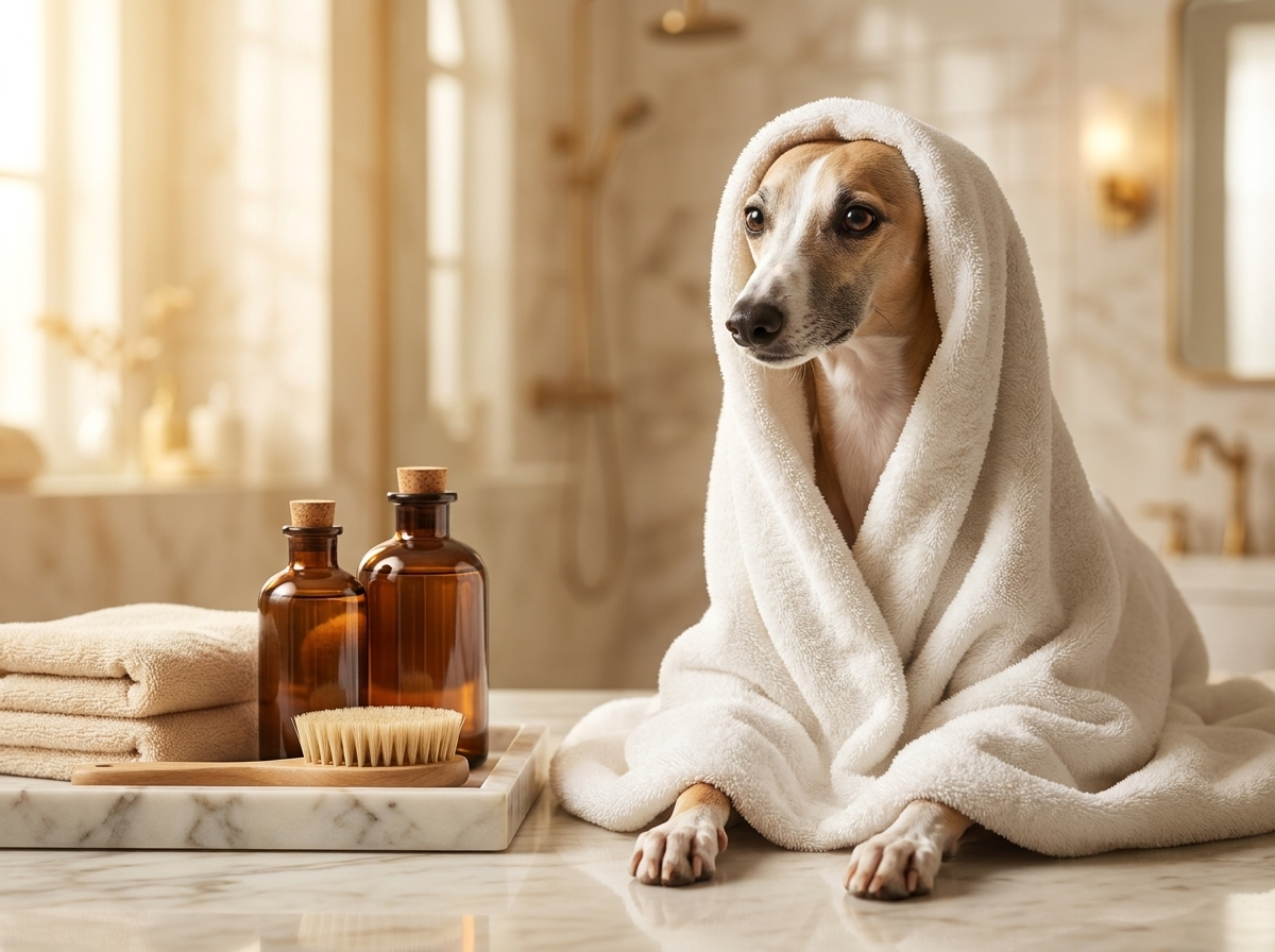 Whippet wrapped in a spa towel