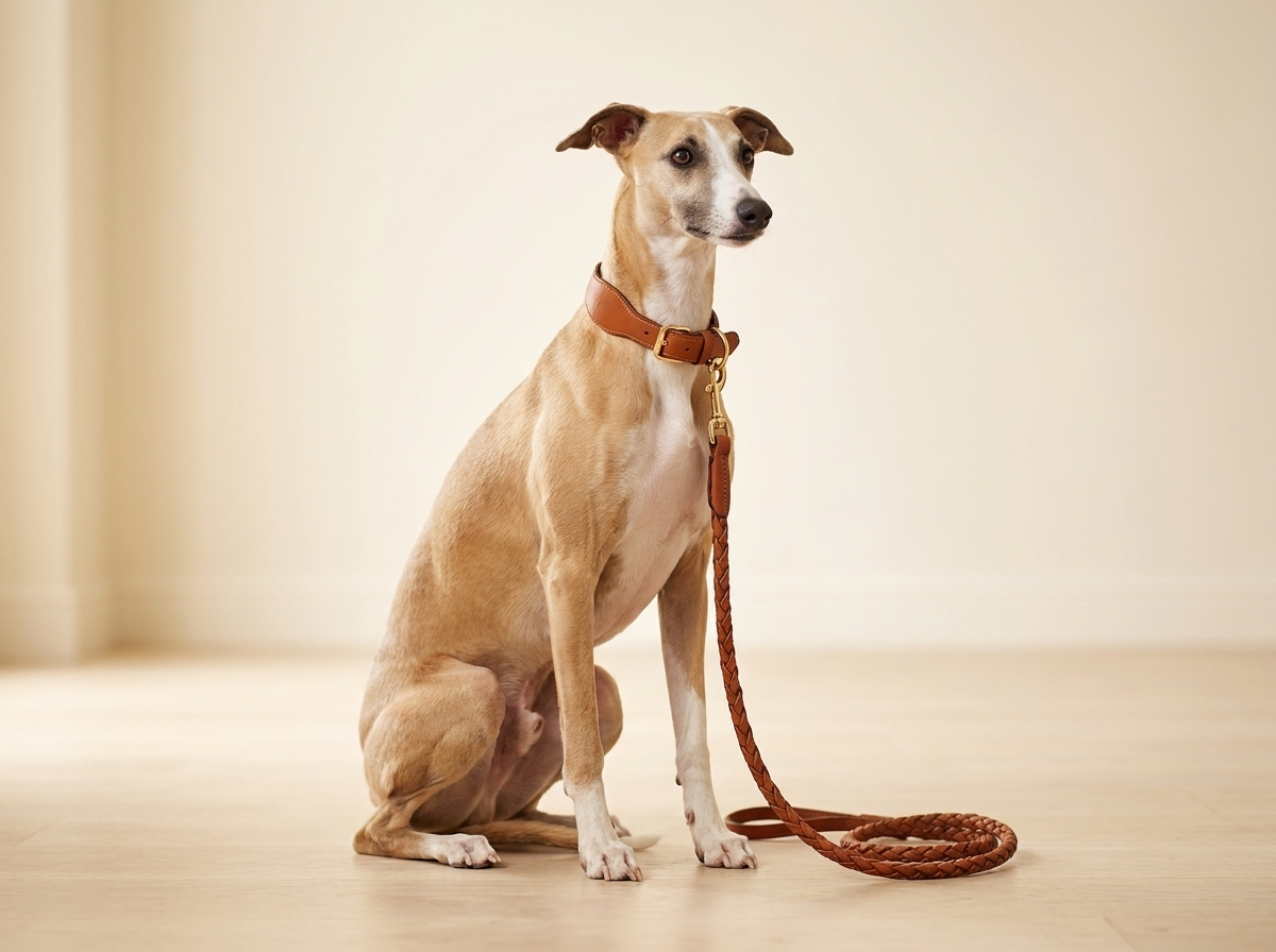 Whippet wearing the cognac leather collar